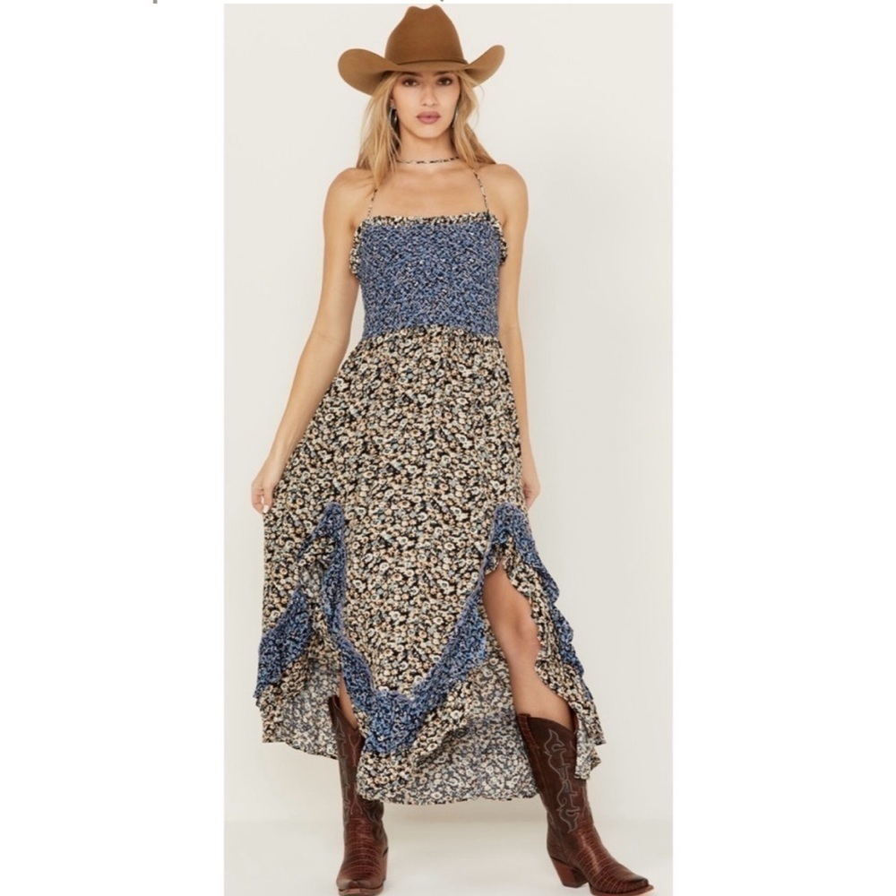 Free People One I Love Maxi Dress Denim Blue Floral Ruffle Smock Prairie Boho